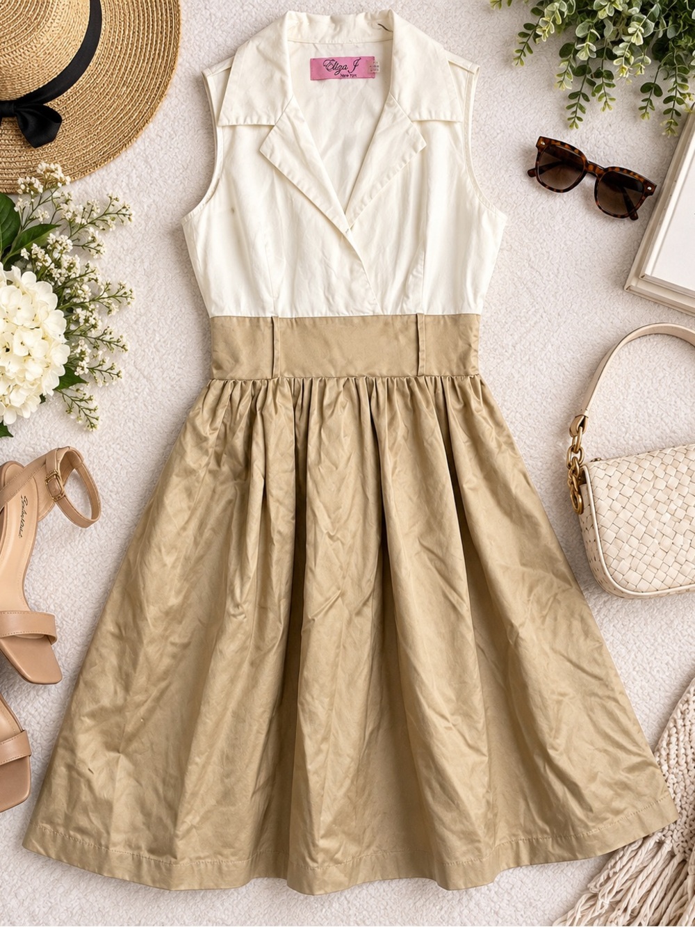 Eliza J New York Ivory & Champagne Sleeveless Fit & Flare Dress – Size 10